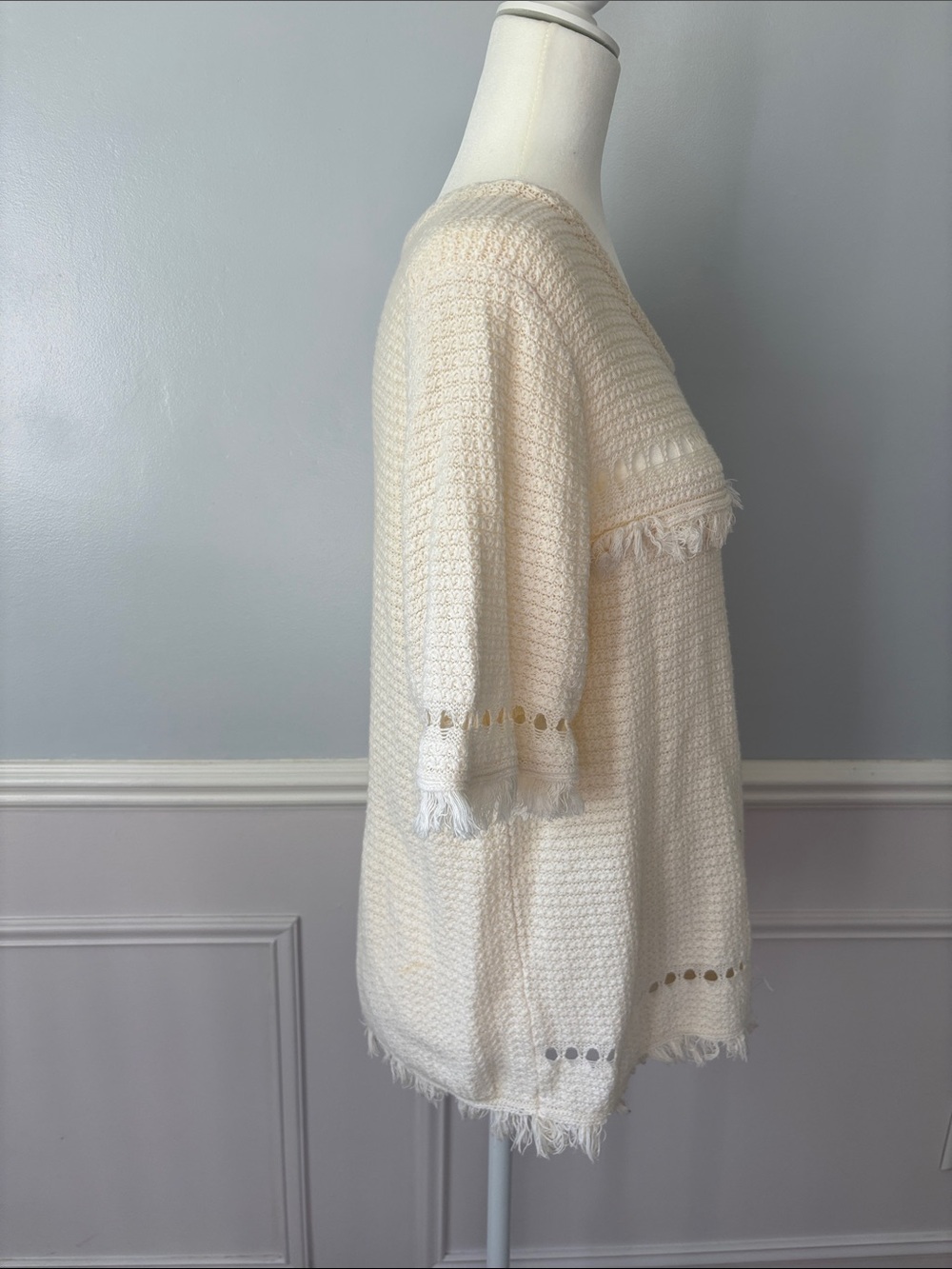 J. Crew Cream Fringe Short-Sleeve Knit Sweater Sz XL Boho Retro Western Knit - Picture 7 of 12